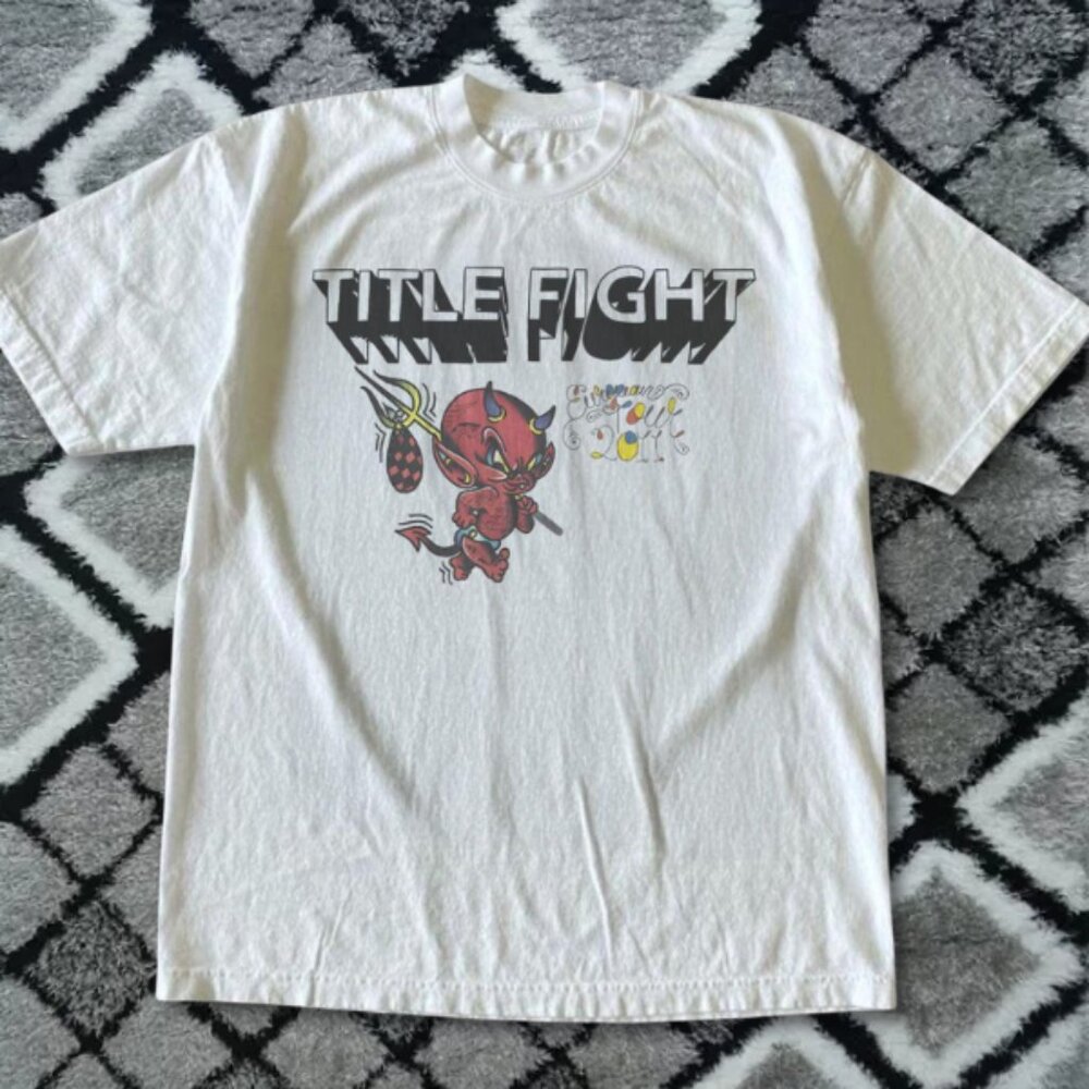 White Title Fight Devil Cartoon Graphic Tee Indie Punk Art Shirt